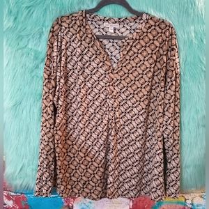 Dana Buchman Tan in Black Pattern Long Sleeve V-Neck Top Size XXL